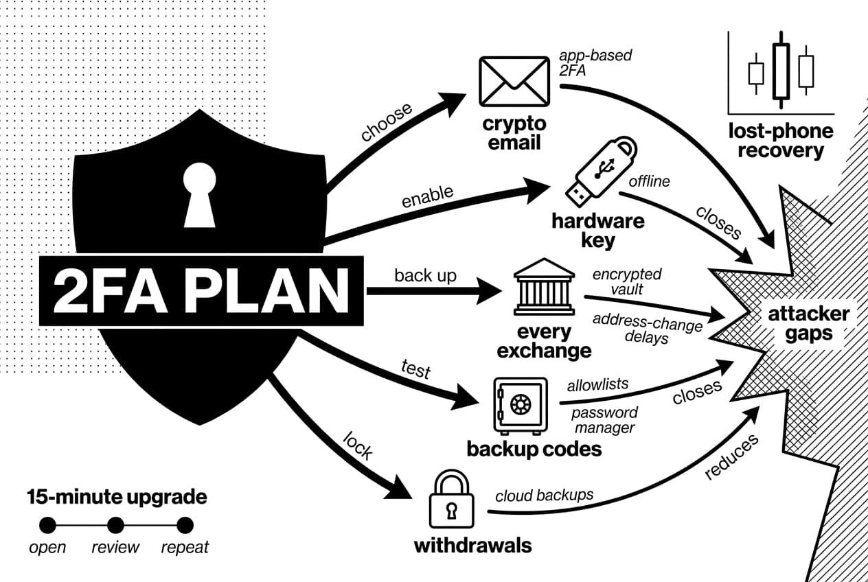 Monochrome infographic showing a 2FA crypto plan linking keys, backups, exchanges, and withdrawals.