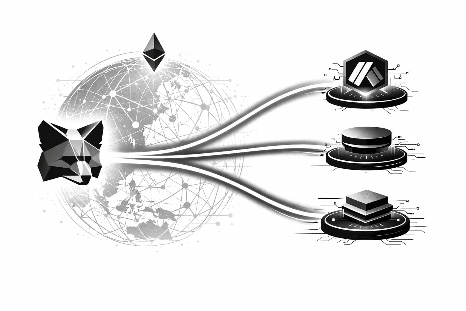 MetaMask wallet connecting to three Layer 2 networks for faster, cheaper transactions