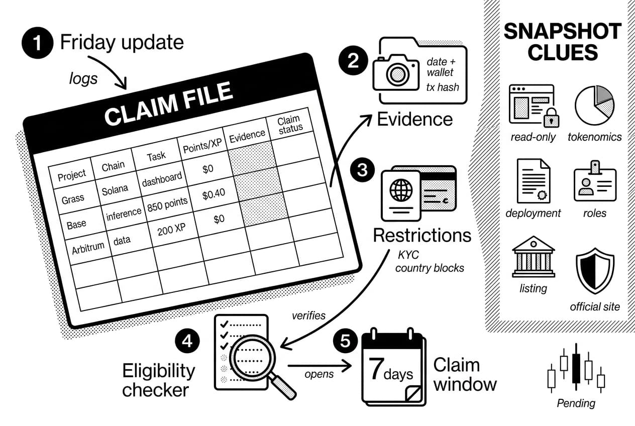 Monochrome AI crypto airdrop tracker showing Grass, Solana, Base, and Arbitrum eligibility steps.