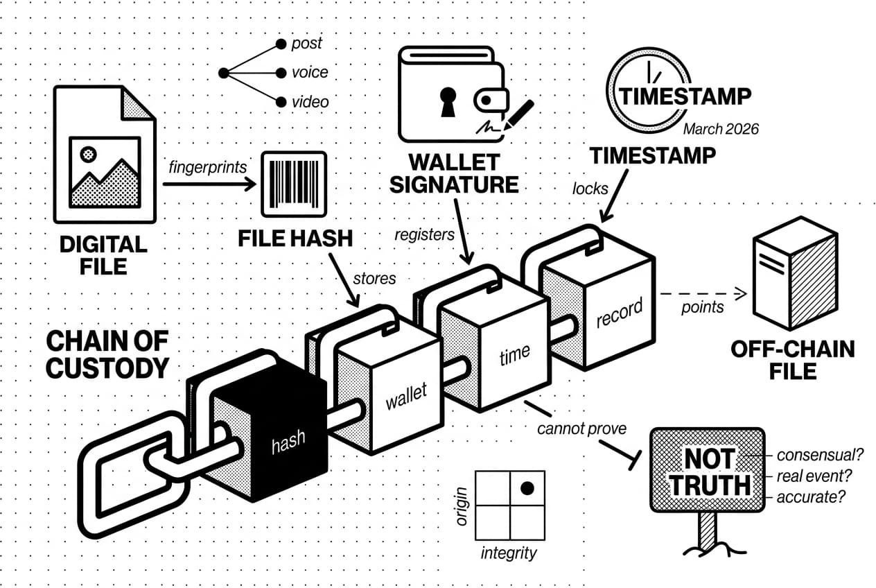 Diagram shows AI-generated content blockchain linking file hashes, wallet signatures, and timestamps.
