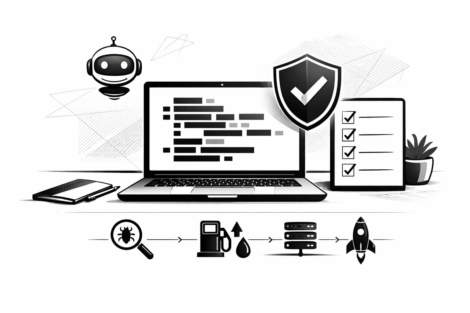 Checklist-style illustration of AI-assisted smart contract coding, auditing, and deployment workflow