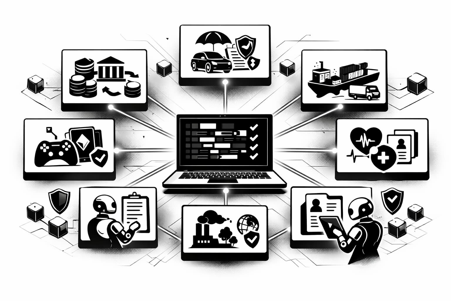 AI-assisted smart contract workflow linking DeFi, insurance, supply chain, gaming, and healthcare