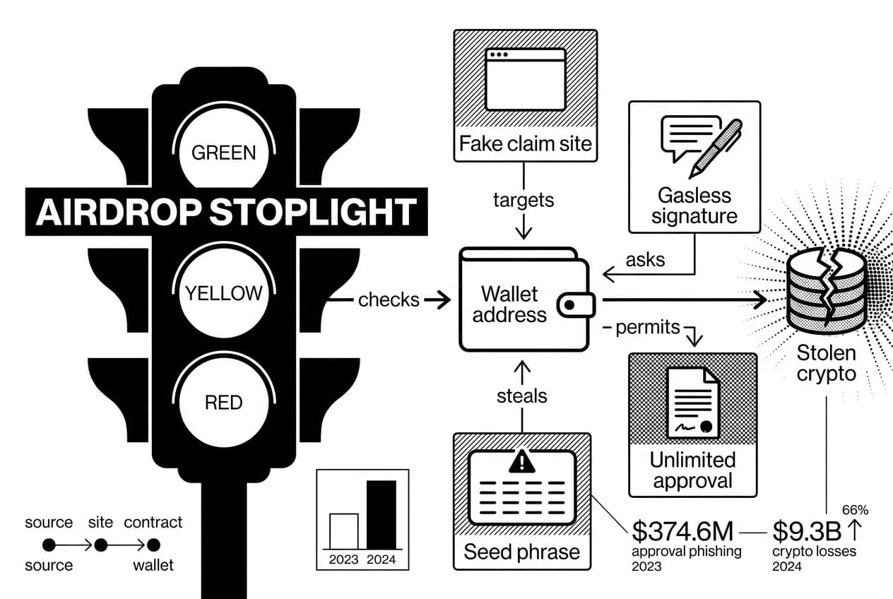 Monochrome Airdrop Stoplight infographic showing wallet checks against fake crypto drop threats.
