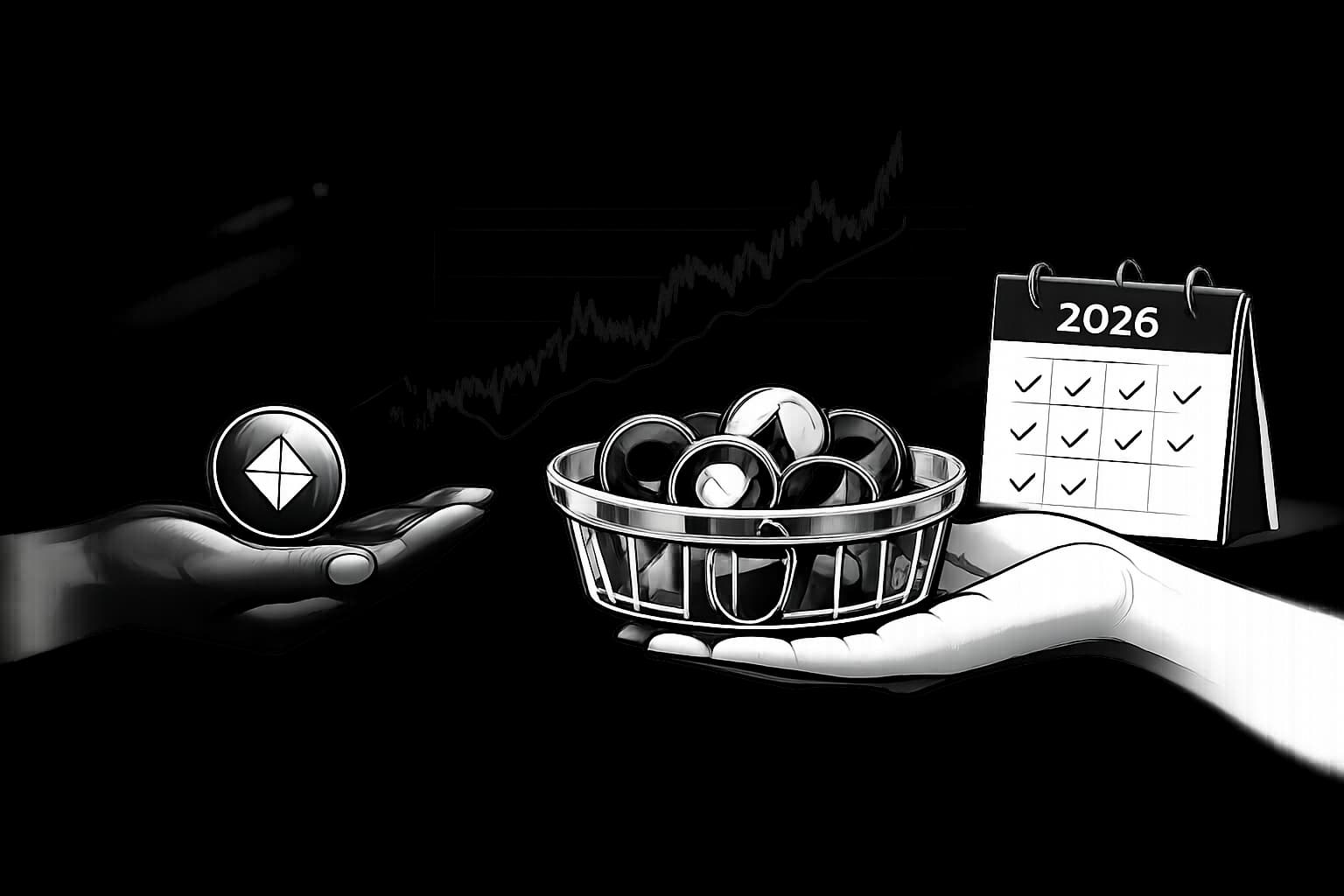 Illustration of altcoin ETF basket, tokens, chart, and 2026 calendar overview