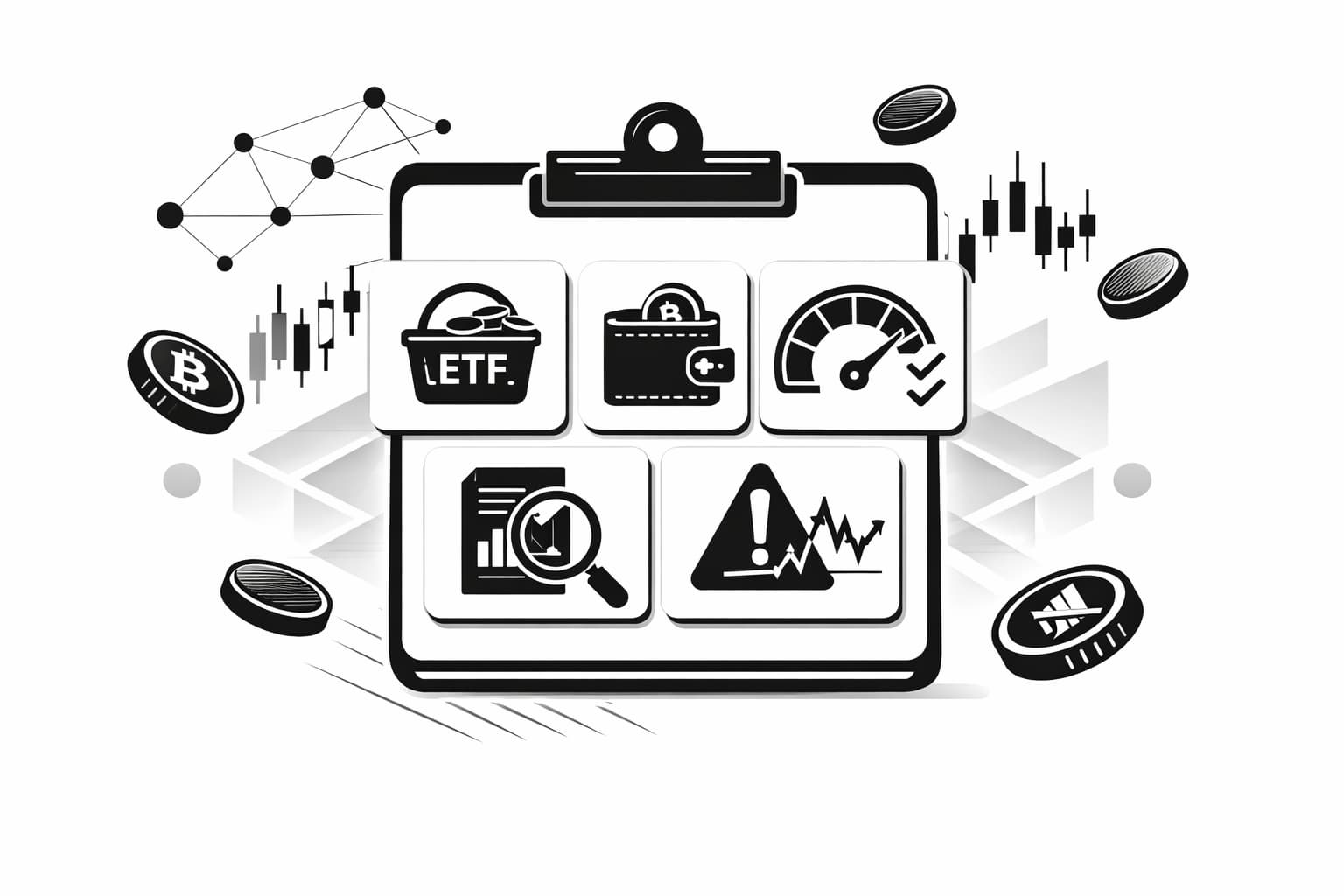Clipboard-style infographic icons summarizing altcoin ETF basics, approvals, evaluation, and risks