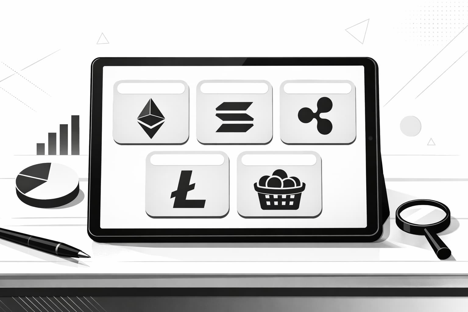 Illustration of a dashboard comparing multiple altcoin ETFs with crypto icons