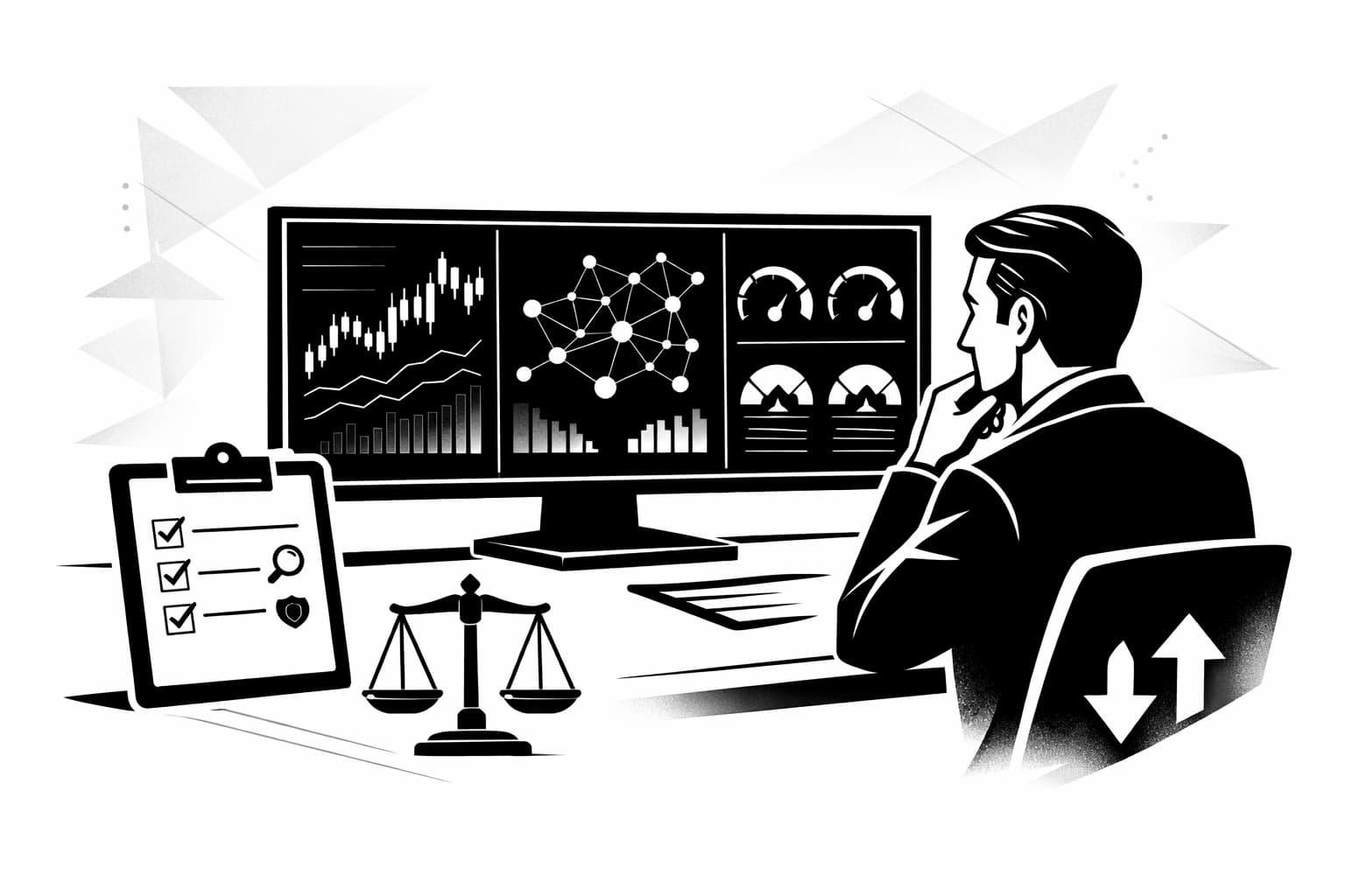 Crypto analyst evaluating AI analytics dashboard with charts, risk gauges, and decision icons.