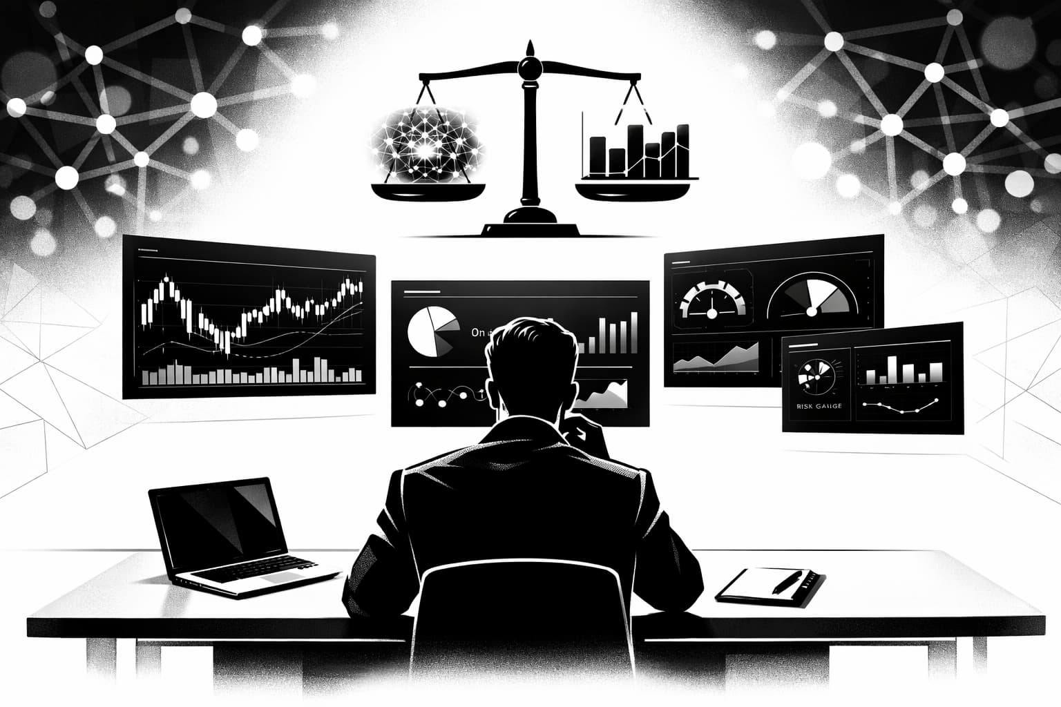 Crypto analyst evaluating AssembleAI dashboards with charts, metrics, and risk indicators
