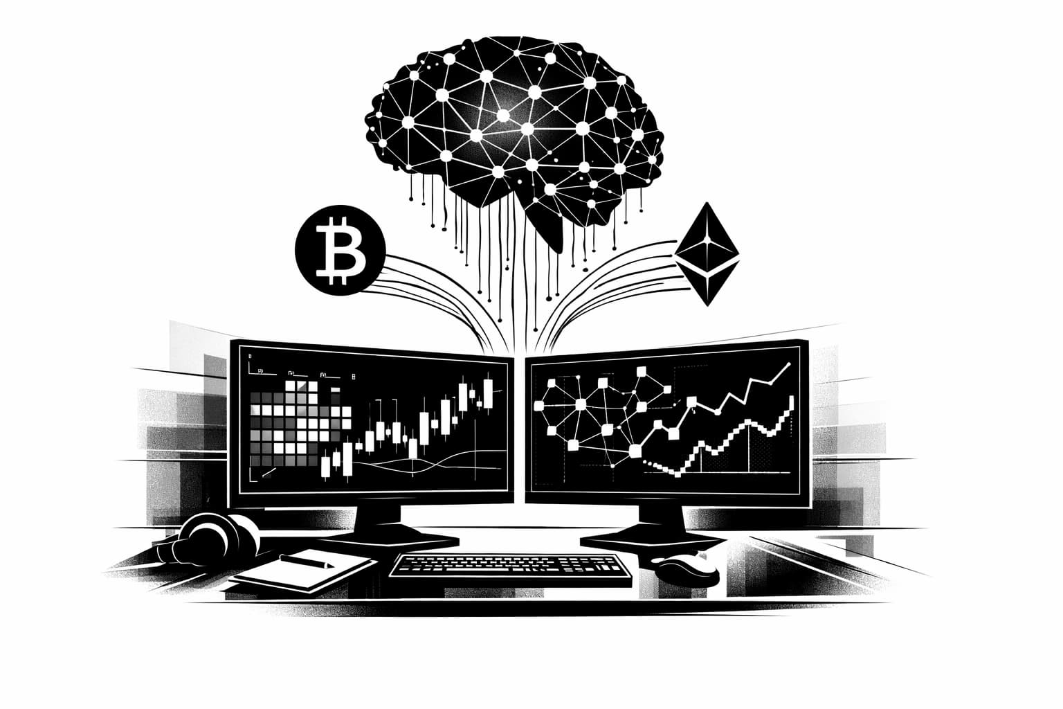 Crypto analyst desk with AI data streams and abstract market analytics visuals