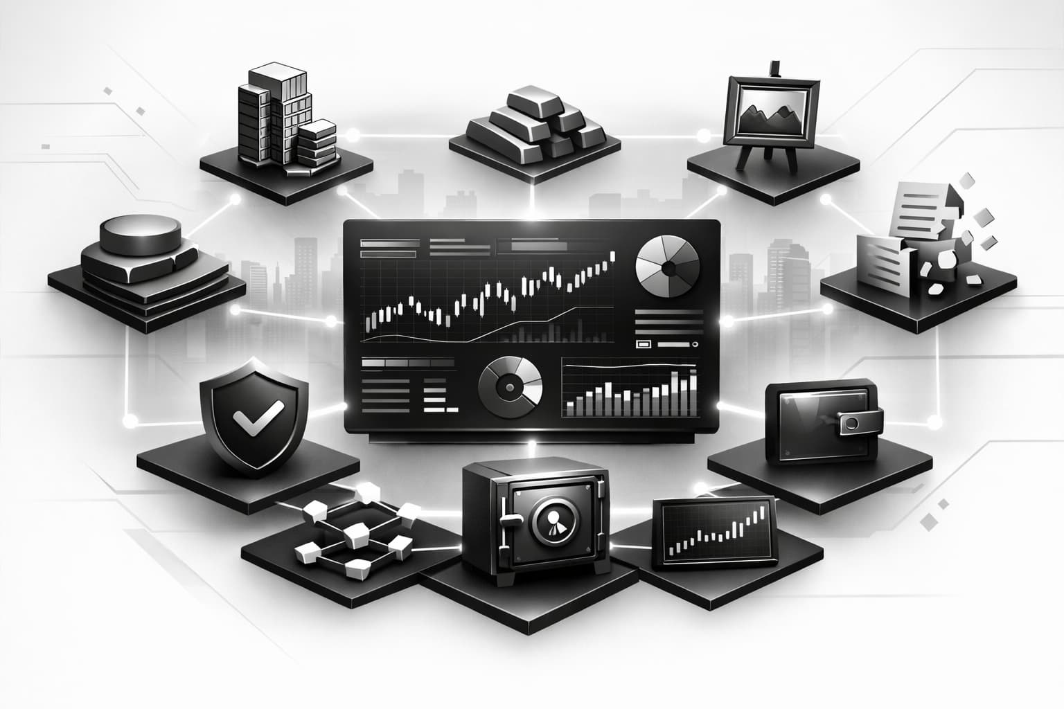 Illustration of asset tokenization platform stack with tokens, compliance, custody, trading modules