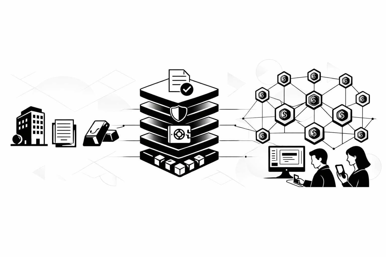 Diagram-style illustration of real-world assets converted into blockchain tokens via platform.