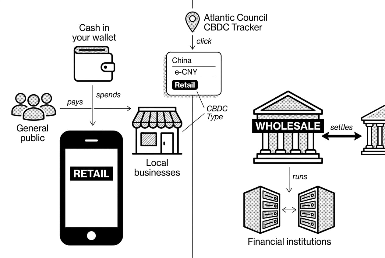 Split infographic comparing retail vs wholesale CBDCs in Atlantic Council CBDC Tracker interface.