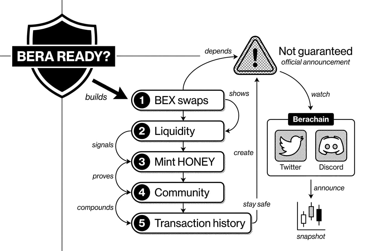 Monochrome Berachain airdrop readiness checklist with “BERA READY?” badge and five steps.