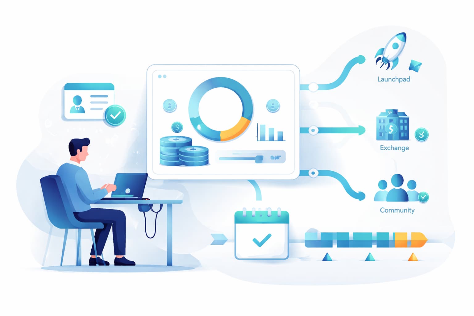 Illustration of crypto presale process with wallet connection, KYC, and vesting timeline