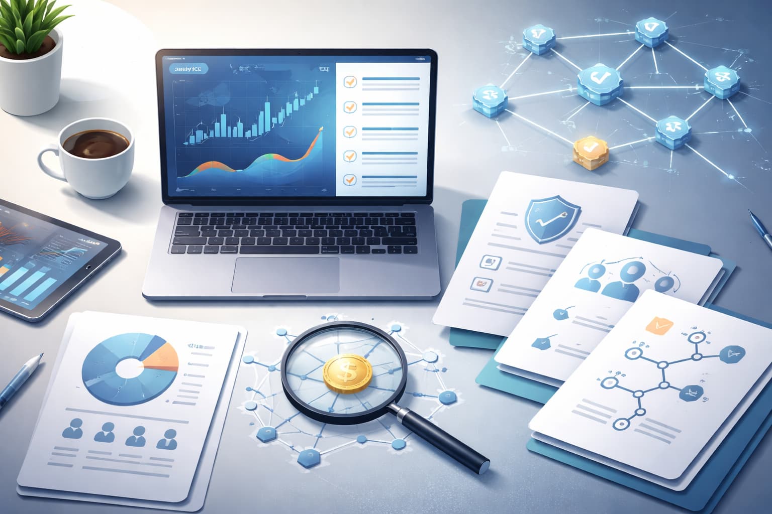 Investor reviewing crypto presale checklist with tokenomics, audit, roadmap, and blockchain verification visuals