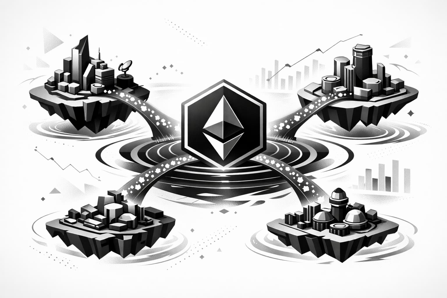 Ethereum hub bridged to three Layer 2 DeFi ecosystems with flowing liquidity