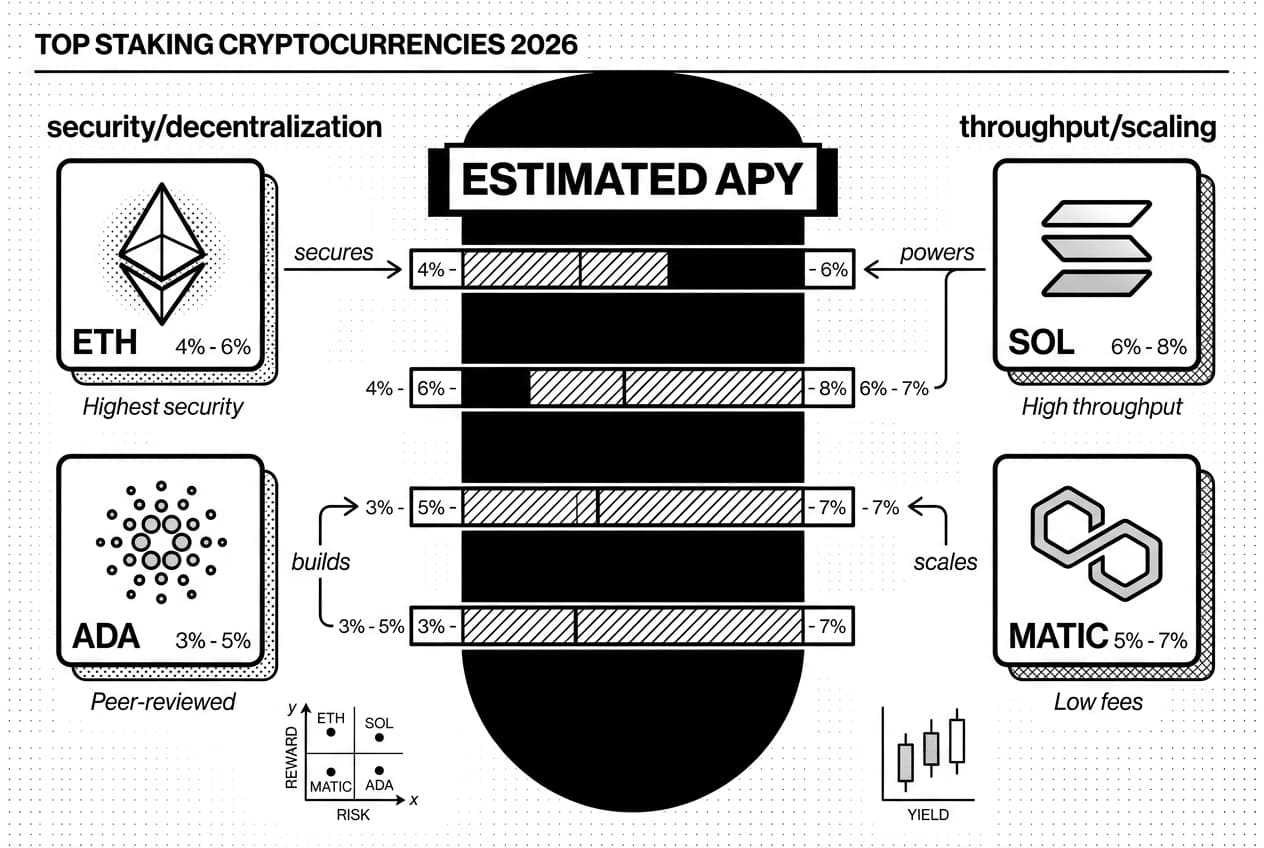 Monochrome APY comparison infographic showing ETH, ADA, SOL, and MATIC staking ranges.