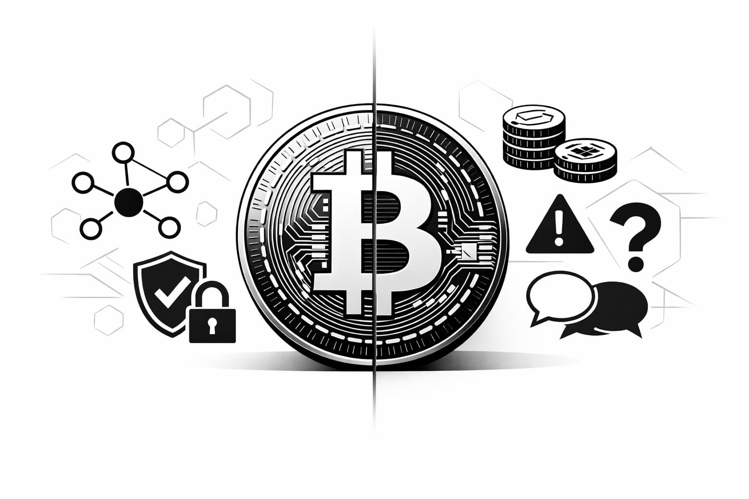 Balanced illustration of Bitcoin coin with pro and critical viewpoints icons
