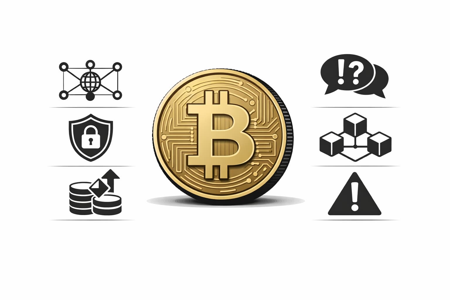 Balanced illustration of Bitcoin coin with pros and cons icons side by side