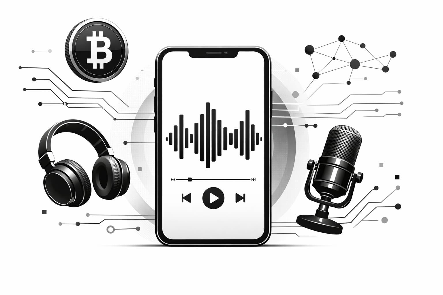 Smartphone with podcast waveform, headphones, microphone, and subtle bitcoin network icons