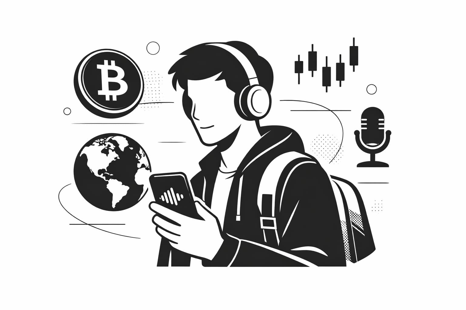 Listener with headphones and phone, surrounded by Bitcoin, news, and macro icons