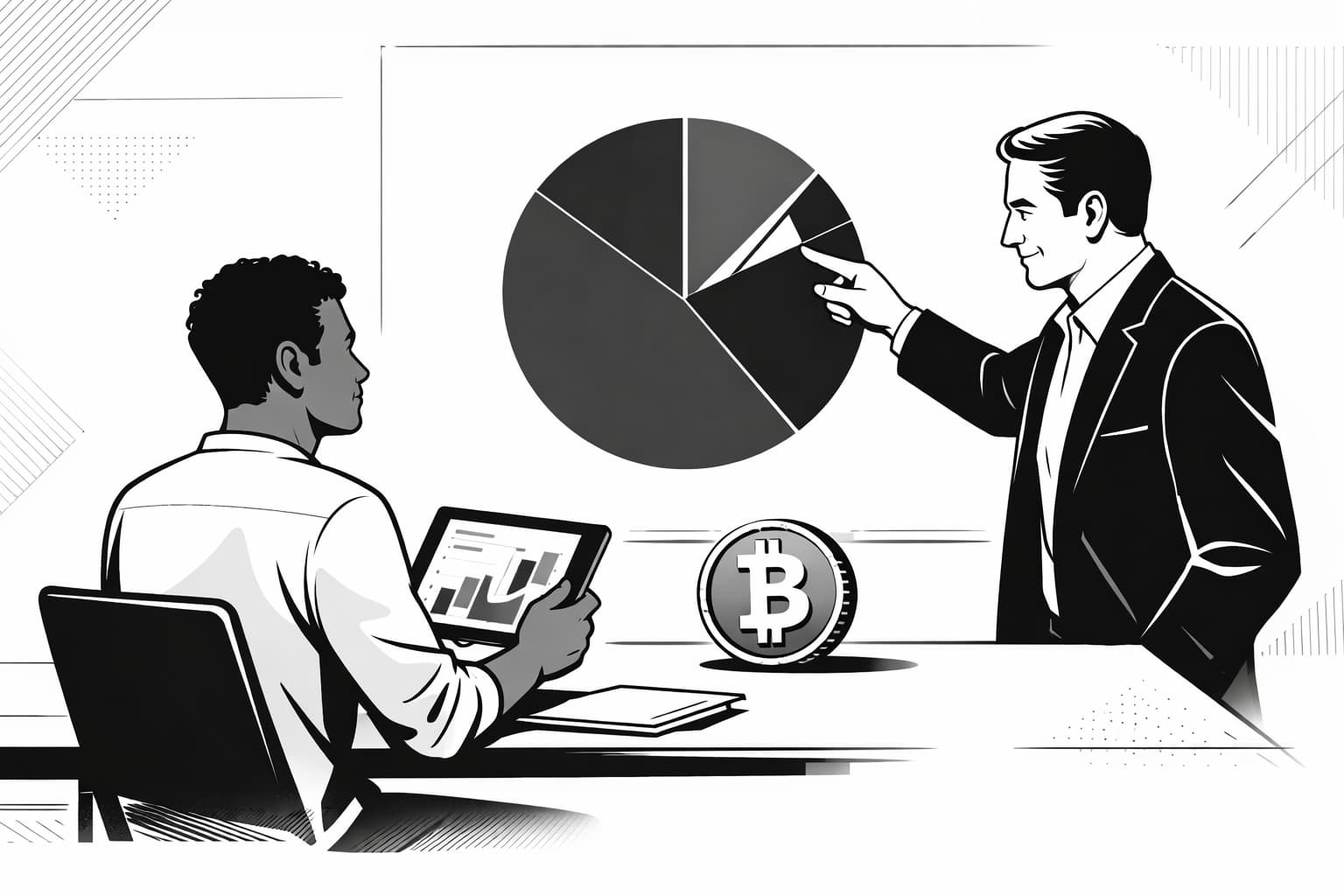 Mentor guiding investor through small bitcoin allocation in diversified portfolio illustration