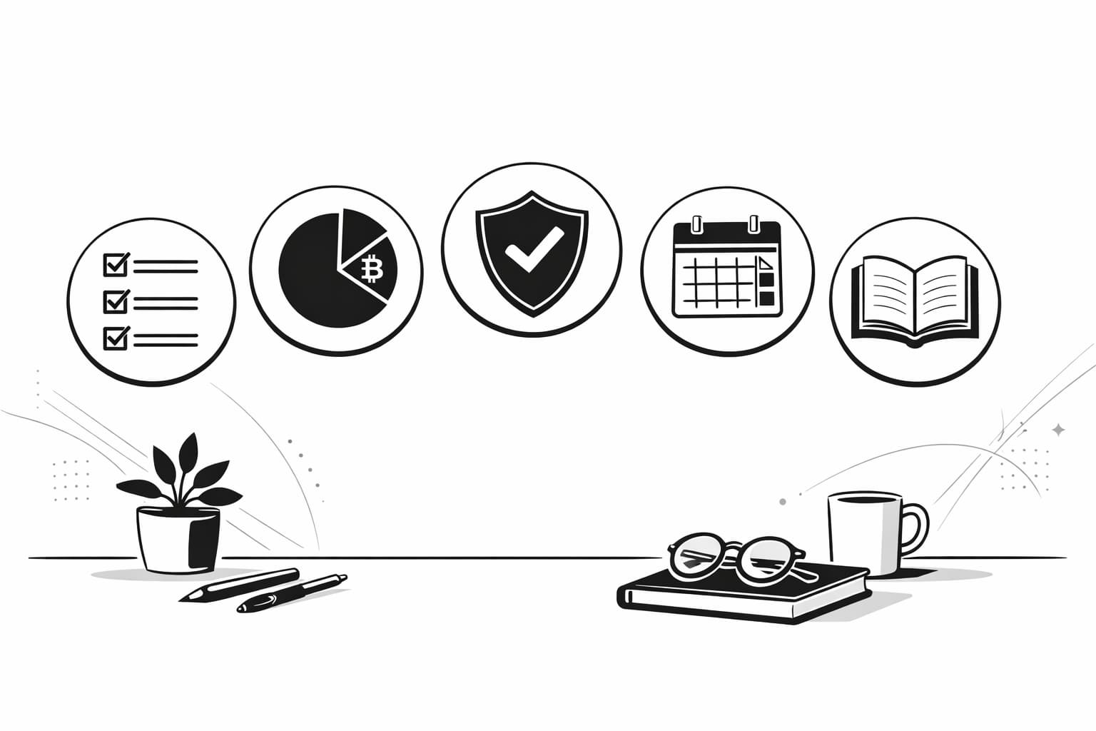 Five-step recap icons for disciplined 1–5% bitcoin portfolio allocation review
