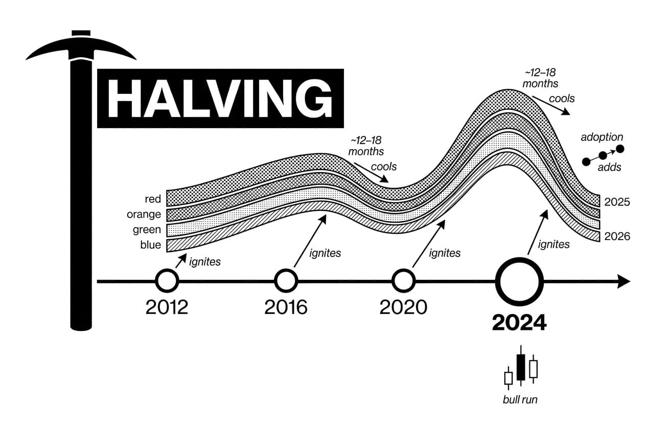 Monochrome Bitcoin Rainbow Chart timeline showing halving nodes and band transitions through 2026.