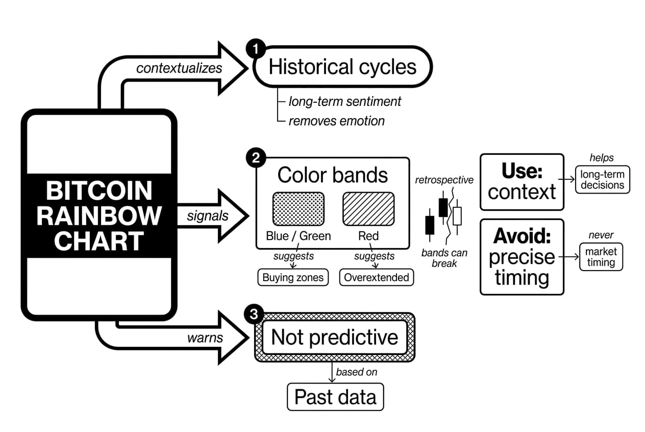 Monochrome flowchart showing Bitcoin Rainbow Chart panel with arrows to cycles, color bands, warnings.