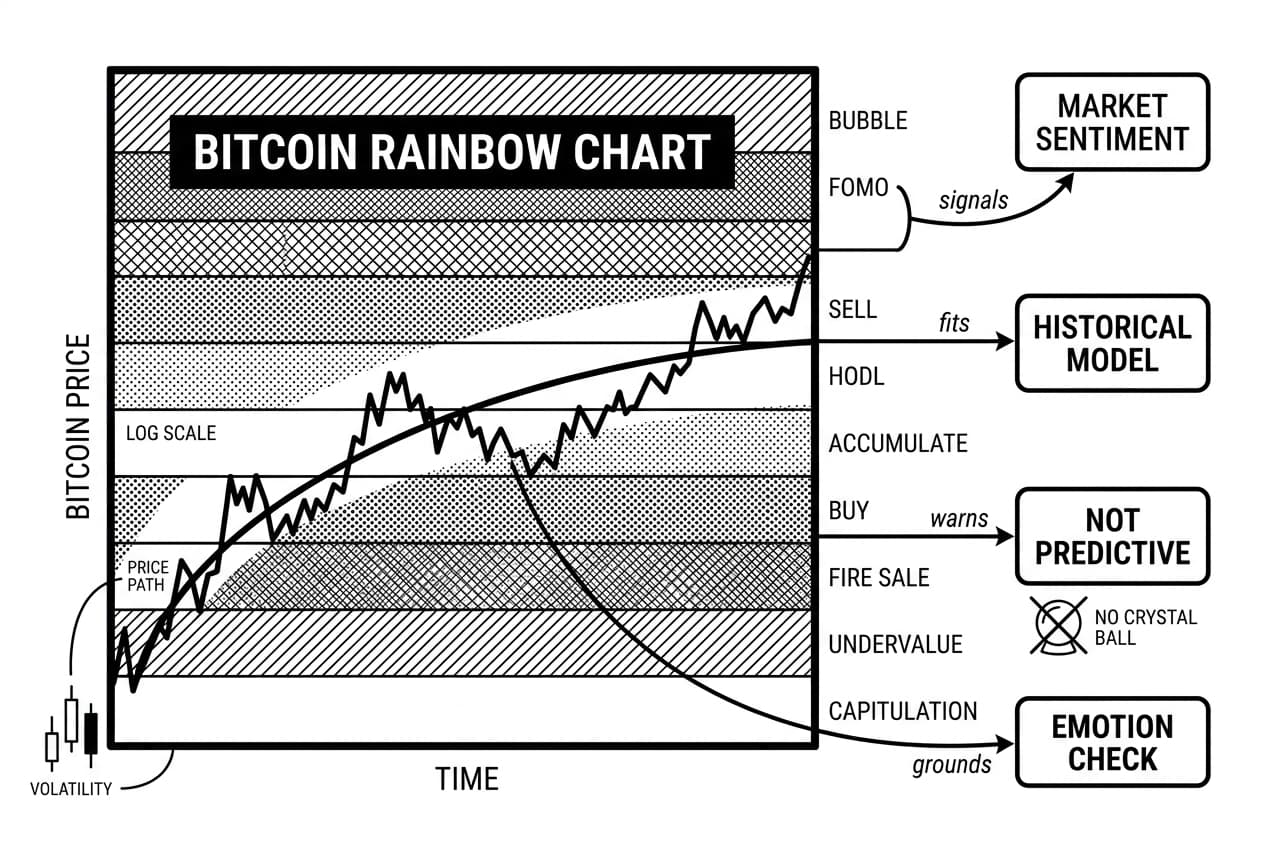 Monochrome Bitcoin Rainbow Chart diagram with textured bands, axes, curve, and callouts.