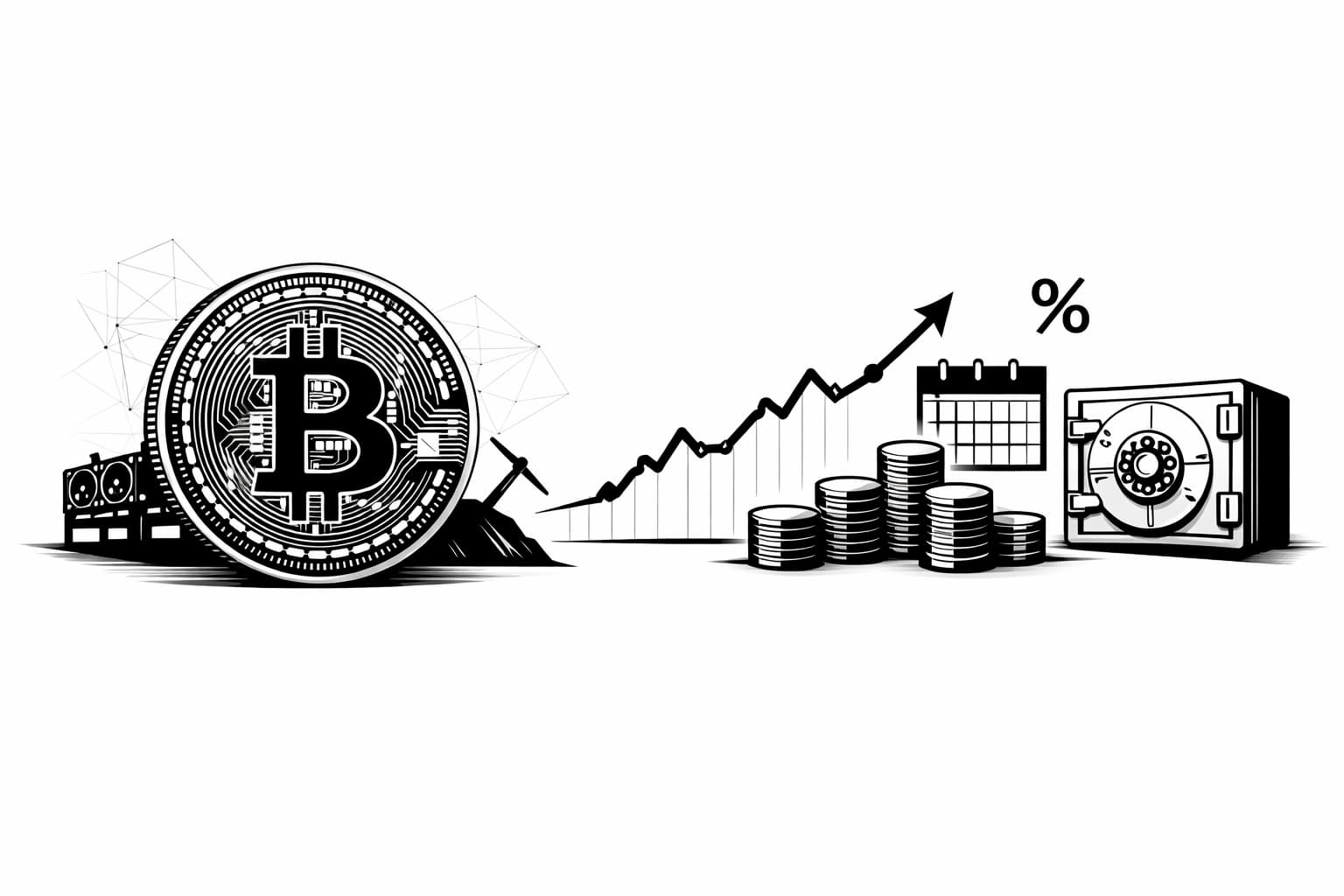 Bitcoin coin with yield chart and calendar icons illustrating variable APY earnings