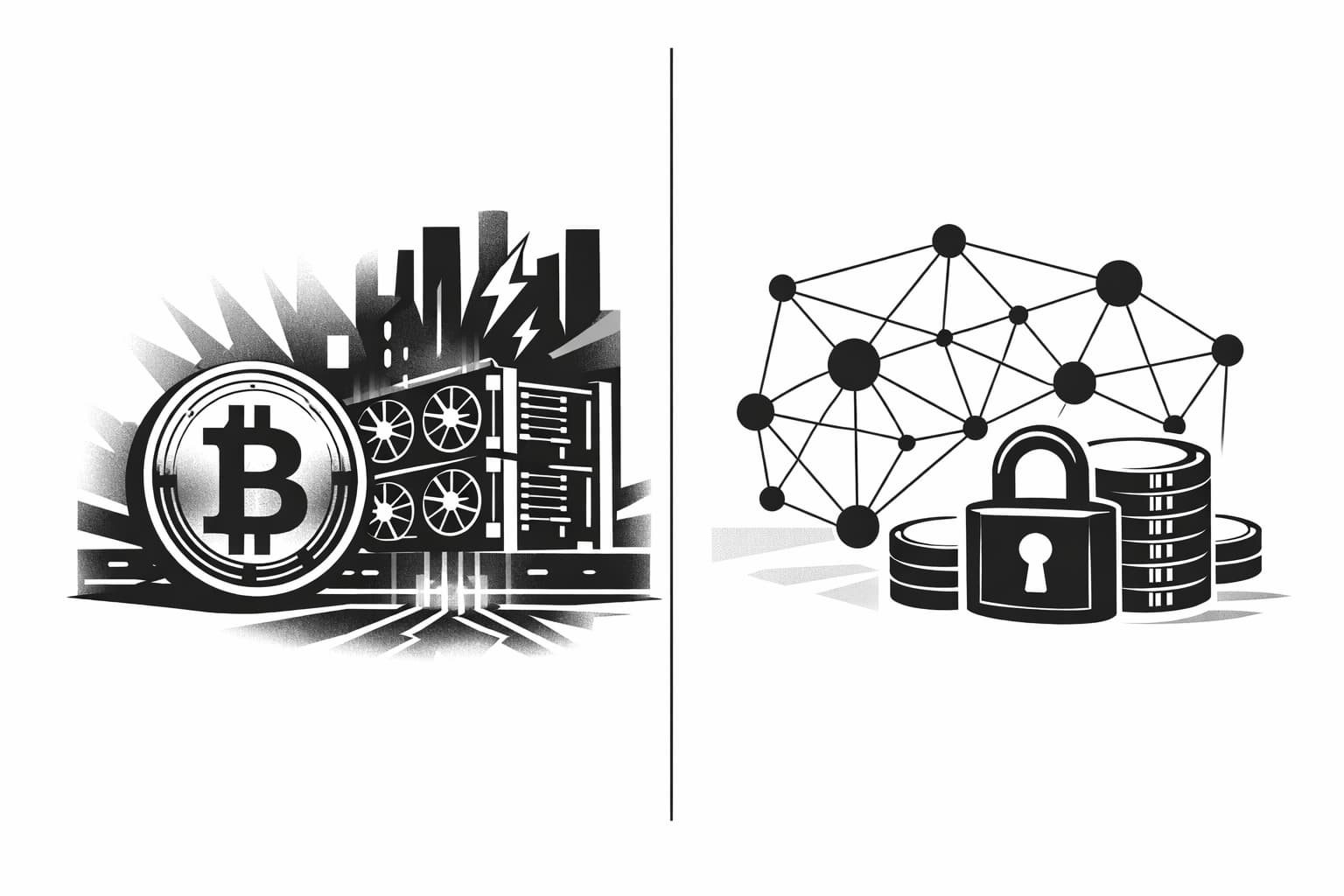 Split illustration contrasting Bitcoin mining proof-of-work with proof-of-stake validation network