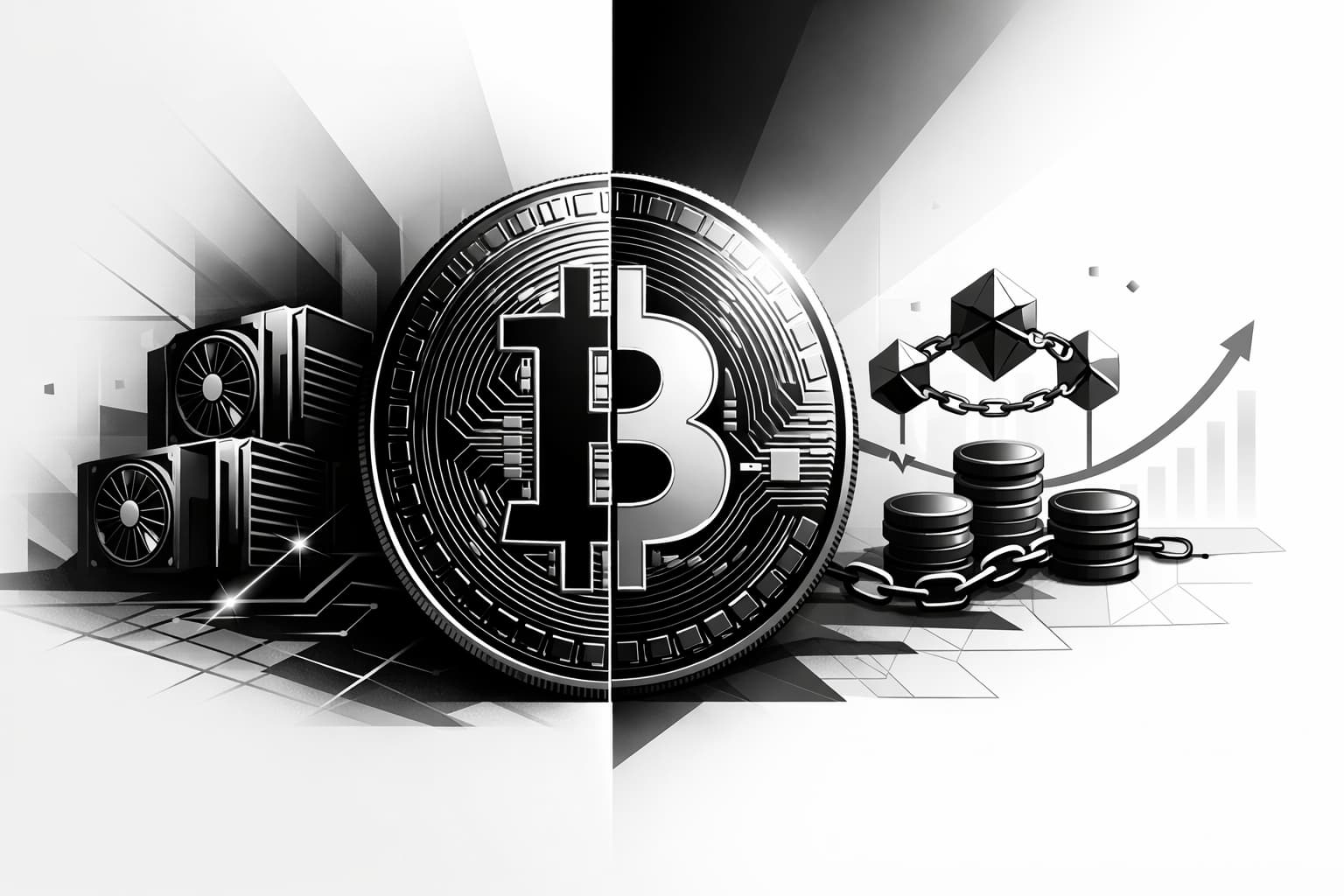 Bitcoin coin split between mining and yield icons, illustrating staking misconception.