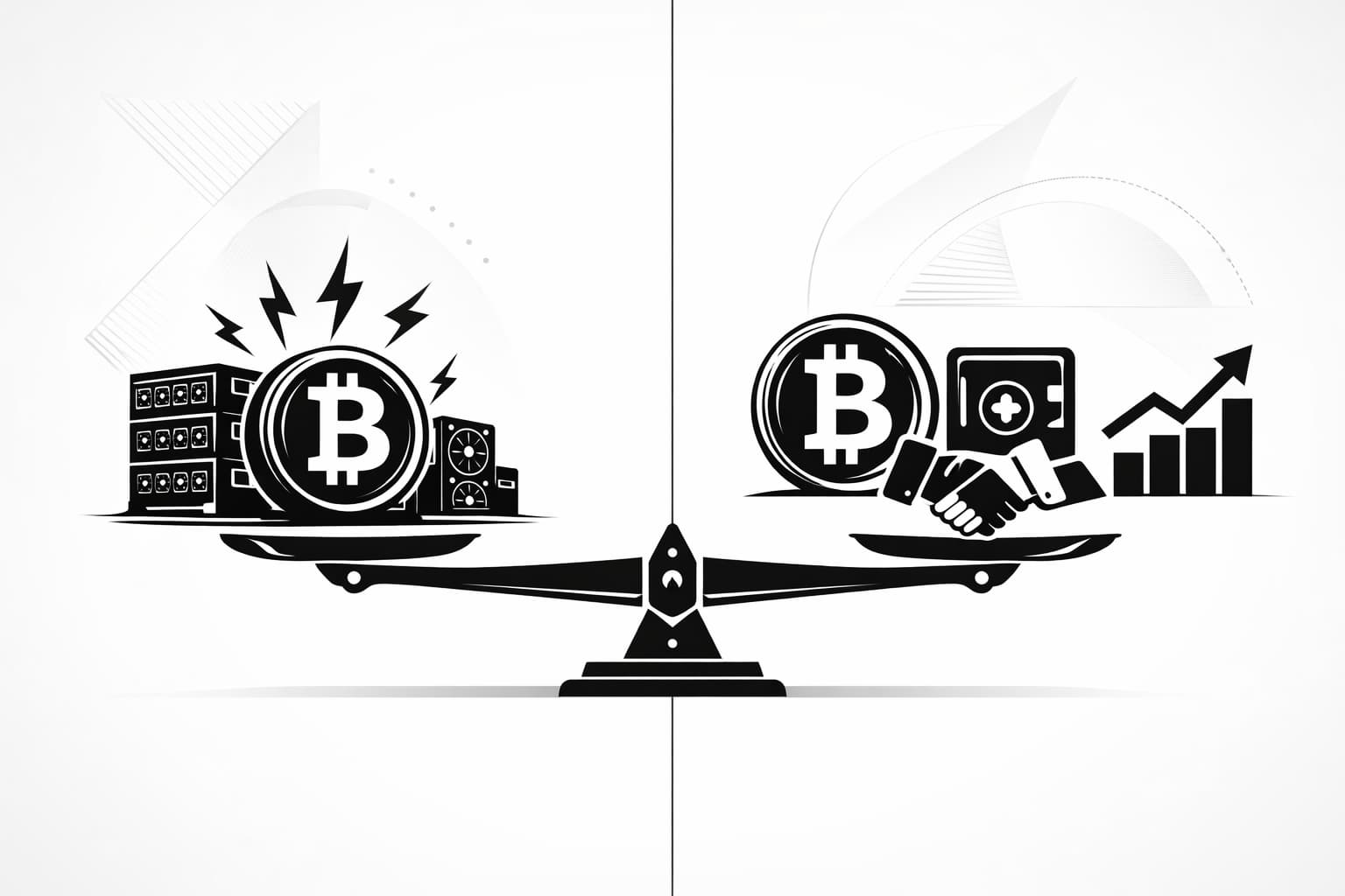 Split illustration contrasting Bitcoin mining with lending and yield earning methods