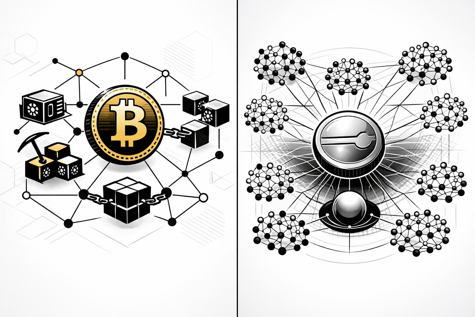 Side-by-side illustration comparing Bitcoin mining and Bittensor proof-of-intelligence subnet network