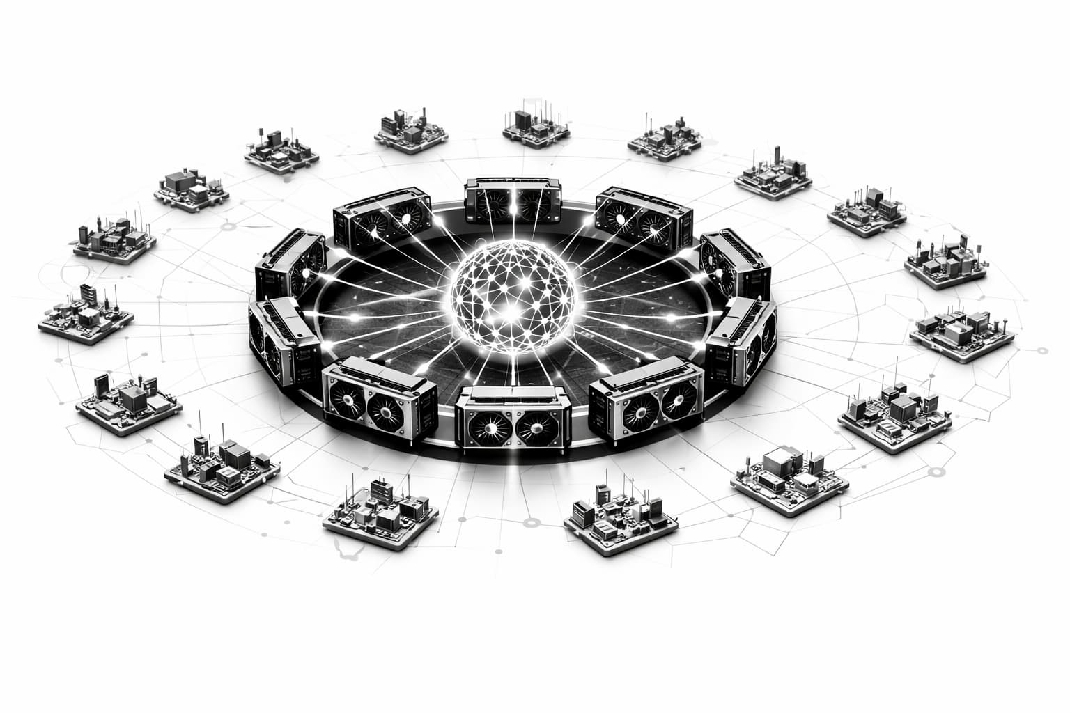 Futuristic decentralized AI network with mining rigs and many connected subnet nodes