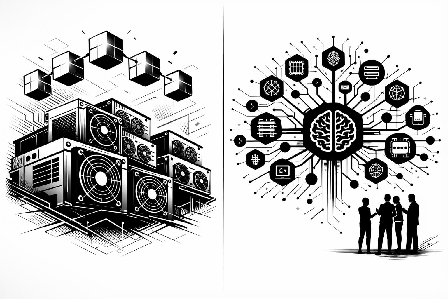 Illustration comparing Bitcoin mining to a decentralized AI subnet network