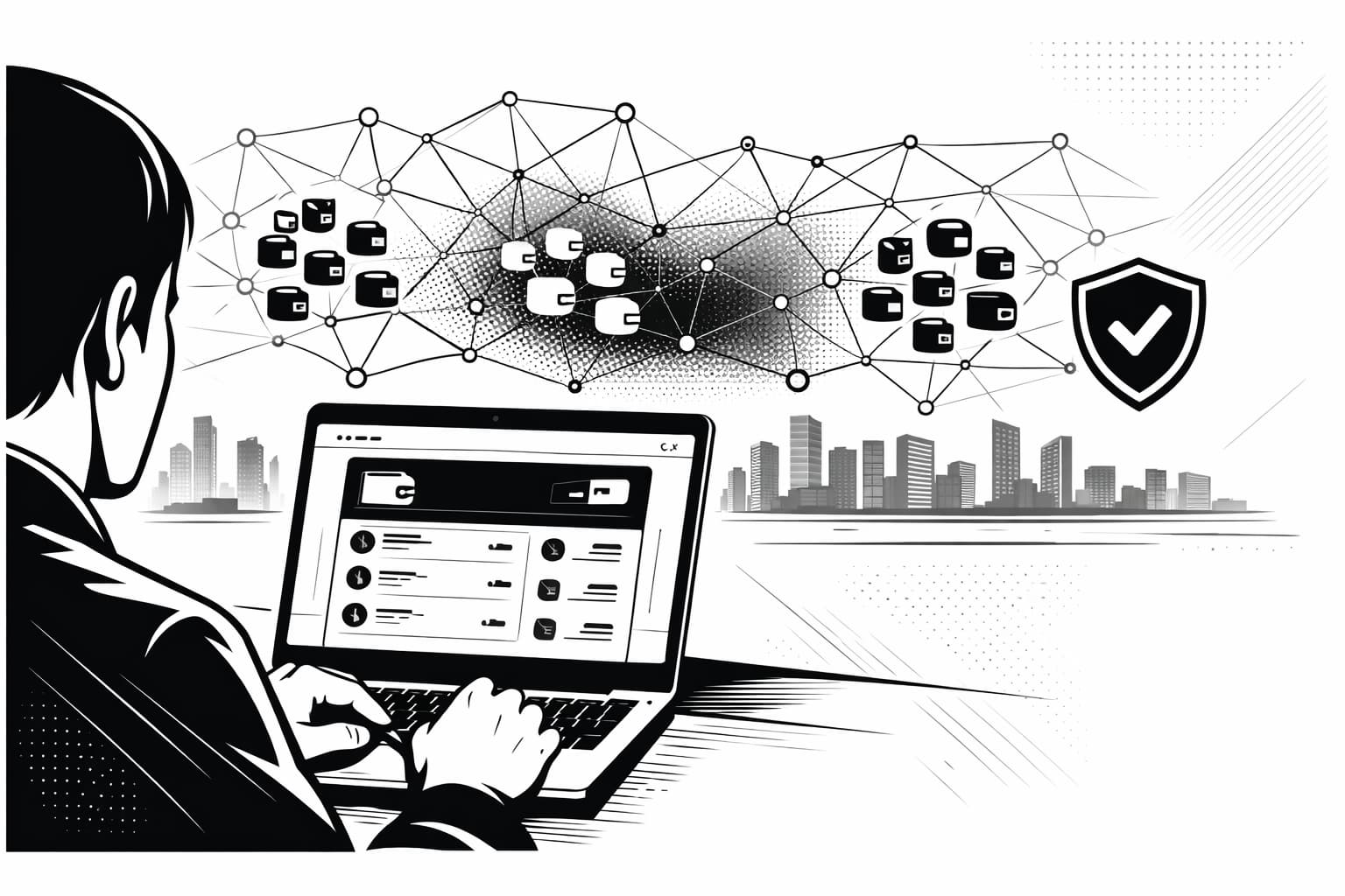 Everyday user viewing traceable crypto transactions and clustered wallet network visualization