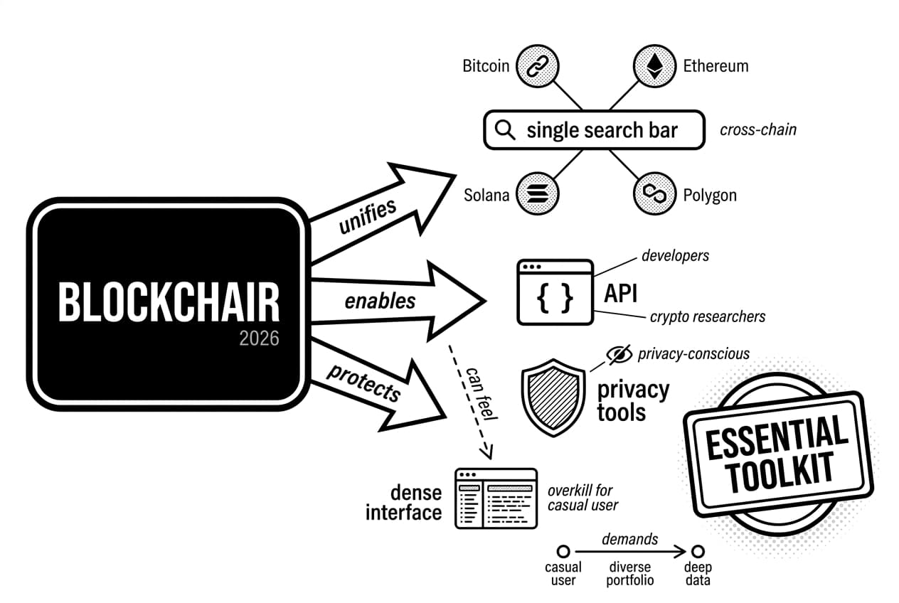 Monochrome flow diagram showing Blockchair 2026 unifying search, API, and privacy tools.