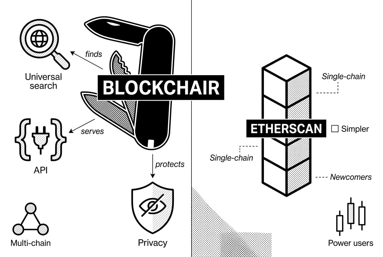 Monochrome split infographic comparing Blockchair tools and Etherscan single-chain block explorer features.