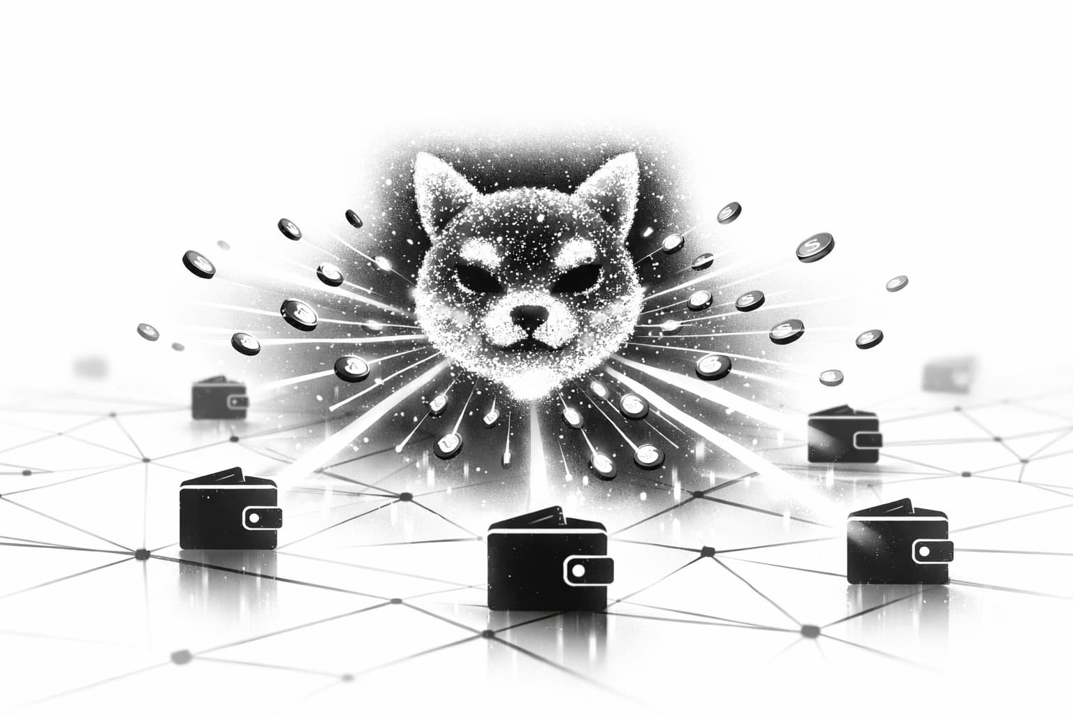 Glowing Shiba Inu icon airdropping tokens across a Solana-style network grid