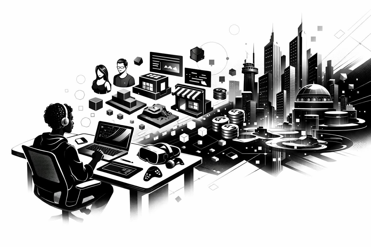 Creator workspace transforming into a metaverse world with tools and assets