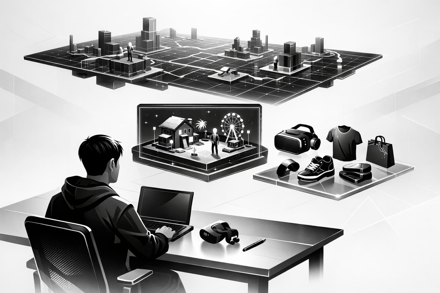 Creator workspace showing platform layer, virtual world, and modular 3D assets