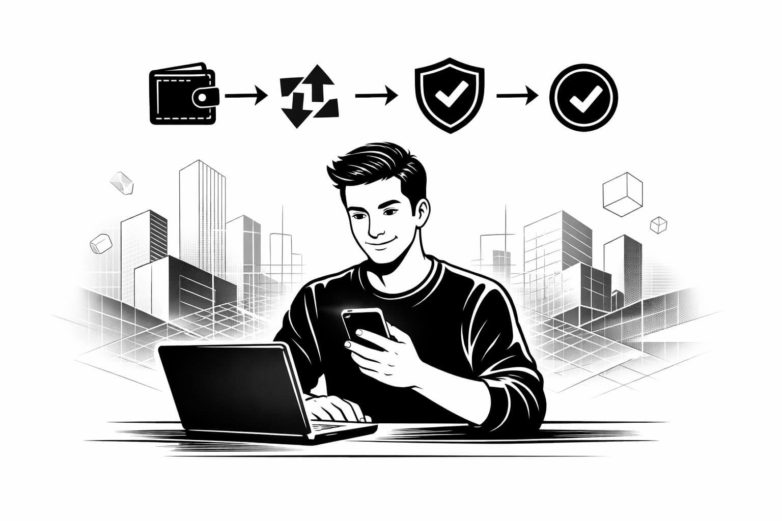 Beginner using laptop and phone to buy metaverse tokens in neon metaverse scene