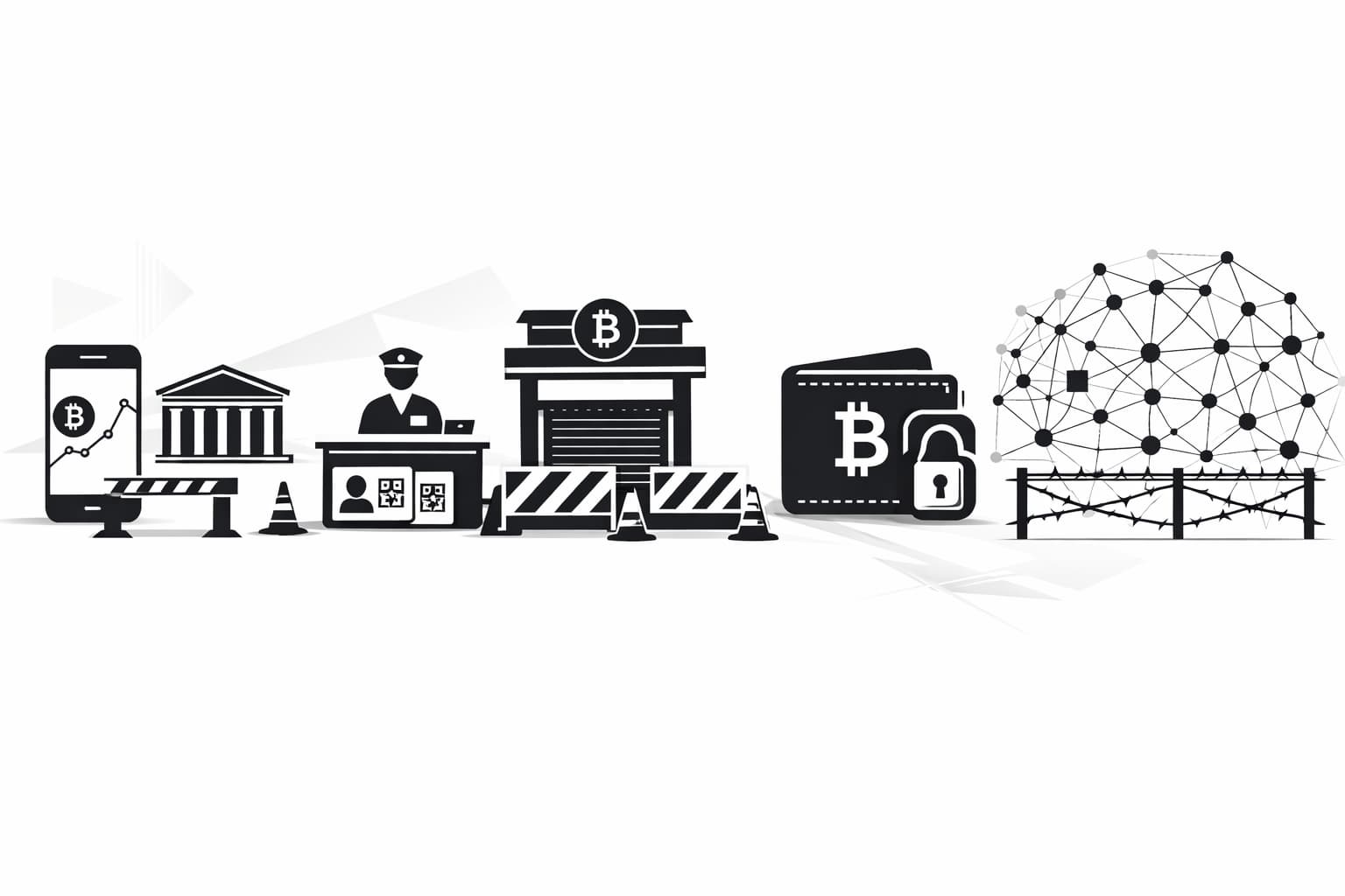 Illustration of escalating government barriers limiting Bitcoin access while the network remains connected.