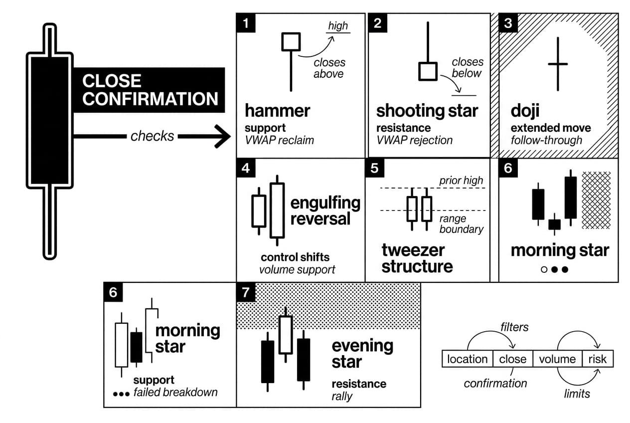 Monochrome candlestick patterns for intraday trading reference wall with close confirmation checklist