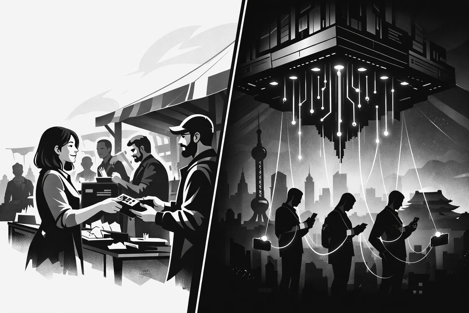 Split scene of open commerce versus centralized CBDC control network over citizens