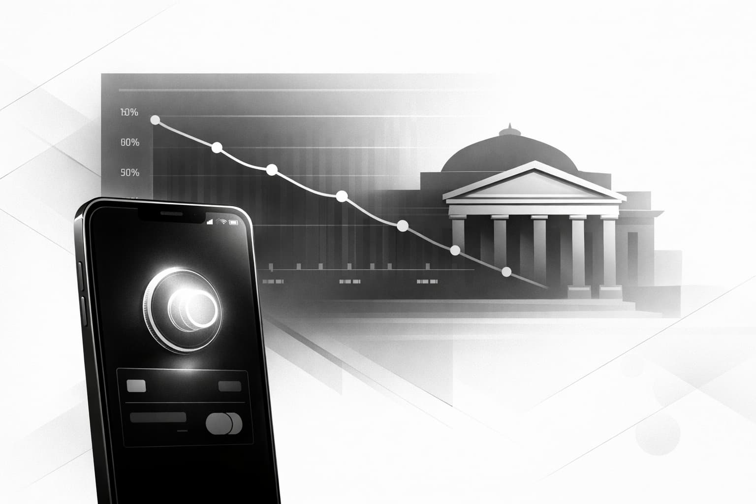 Digital wallet with shrinking coin and downward chart symbolizing CBDC negative interest rates