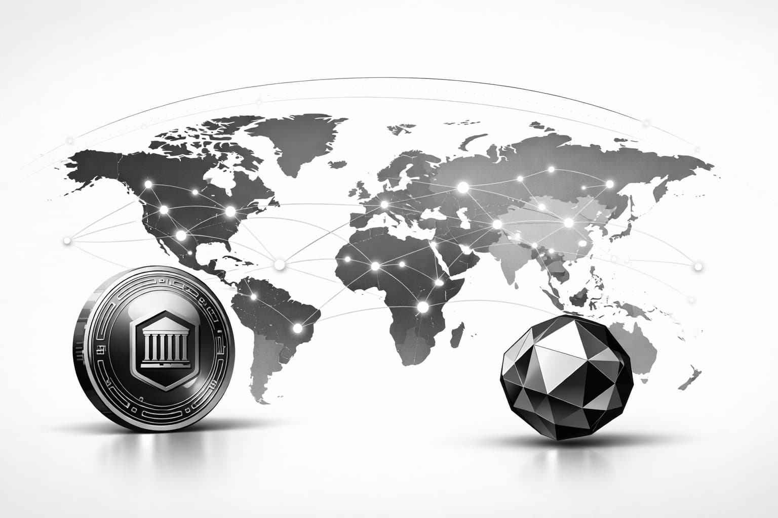 World map with digital currency network nodes and CBDC versus crypto tokens