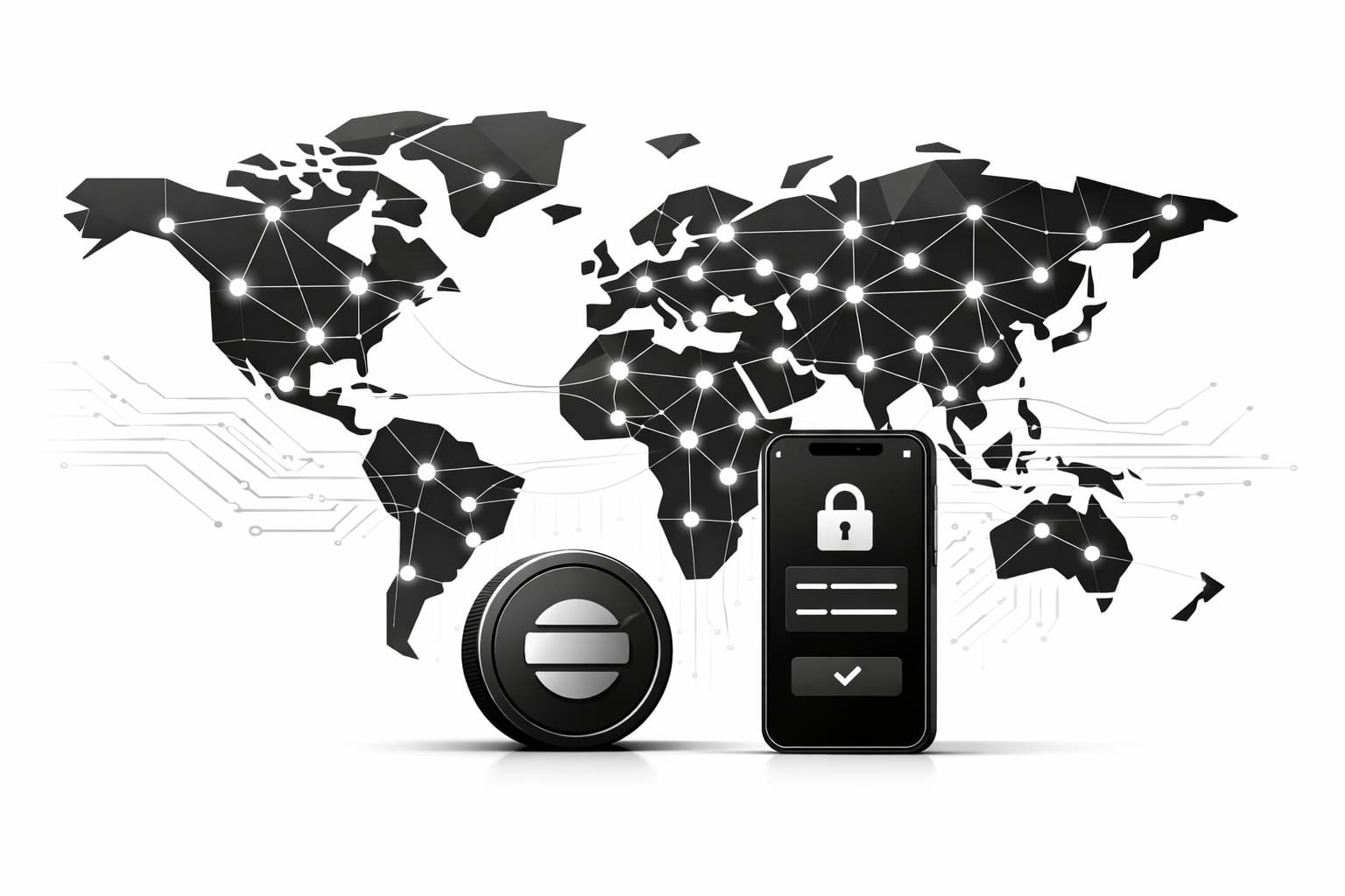 Global map with connected nodes symbolizing CBDC pilot programs and digital payments